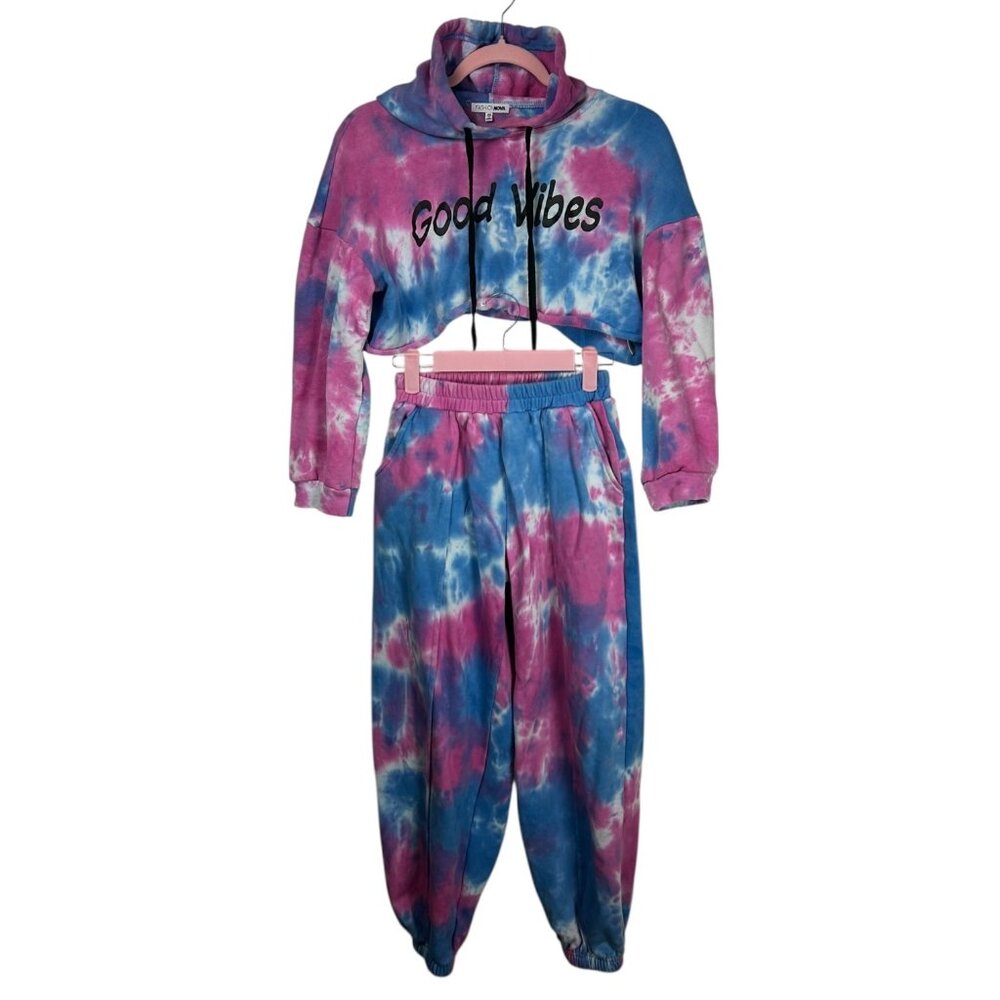 Fashion Nova Tie-Dye Good Vibes Crop Hoodie & Jogger Set Pink/Blue XS petite
